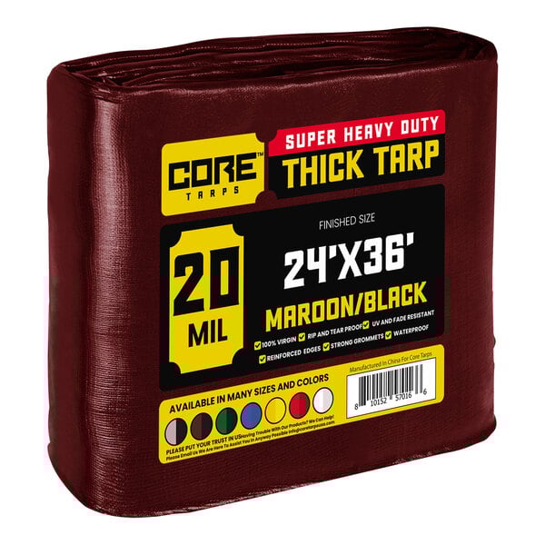 A wrapped maroon and black Core Extreme Heavy-Duty Weatherproof Poly Tarp.