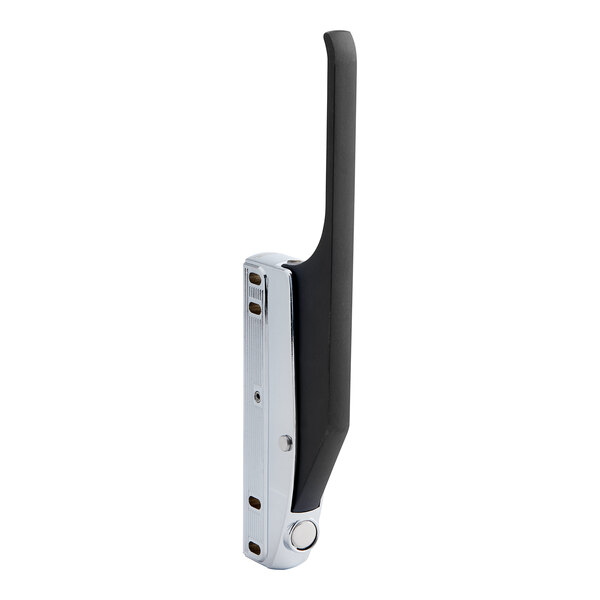 A black and silver door handle with a black handle on a white background.