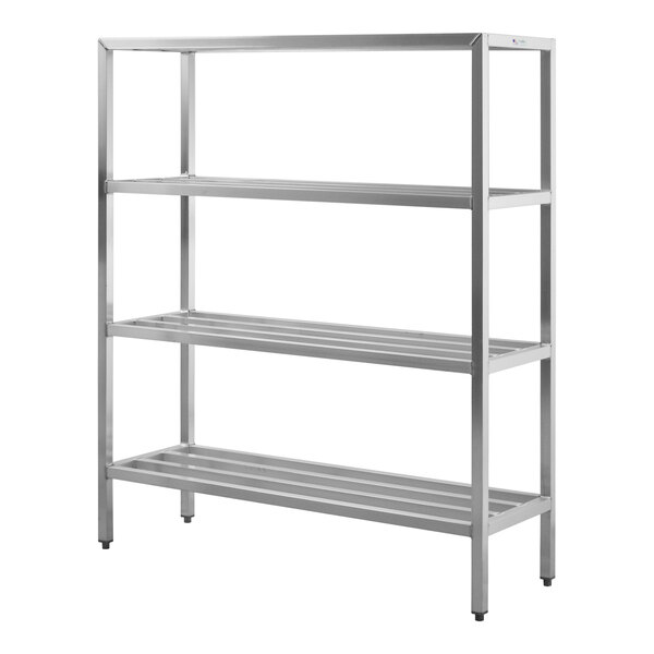 A New Age aluminum shelving rack with four shelves.