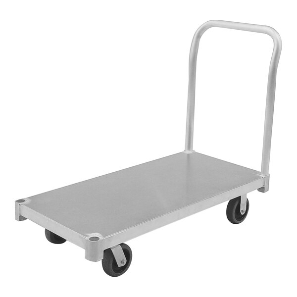 A New Age silver aluminum platform truck with black wheels.