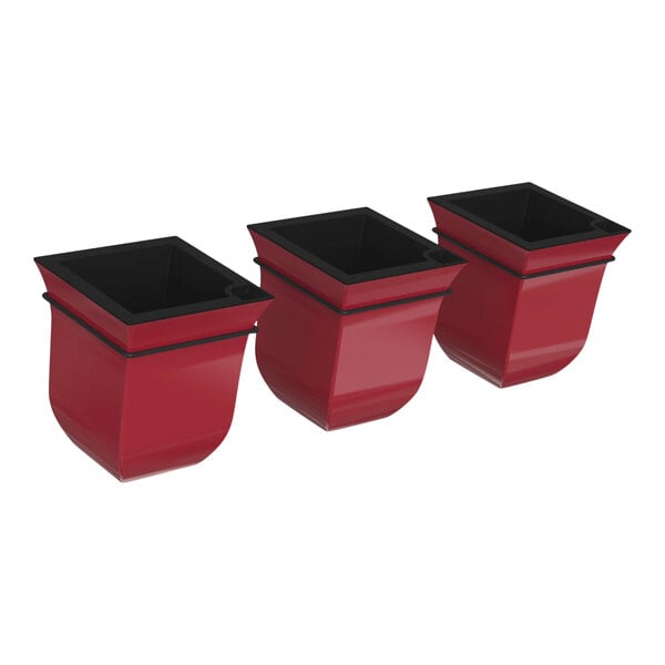 Three red square planters with black handles.