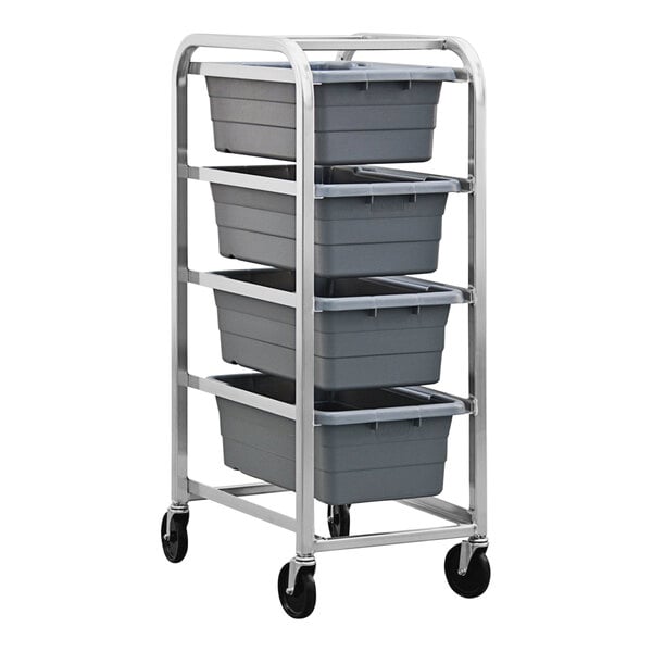 A New Age Economy Series aluminum lug rack with grey plastic bins on it.