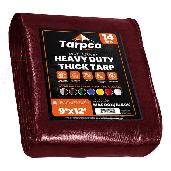 A maroon tarp with black text reading "Tarpco Safety" and "Extra Heavy-Duty"