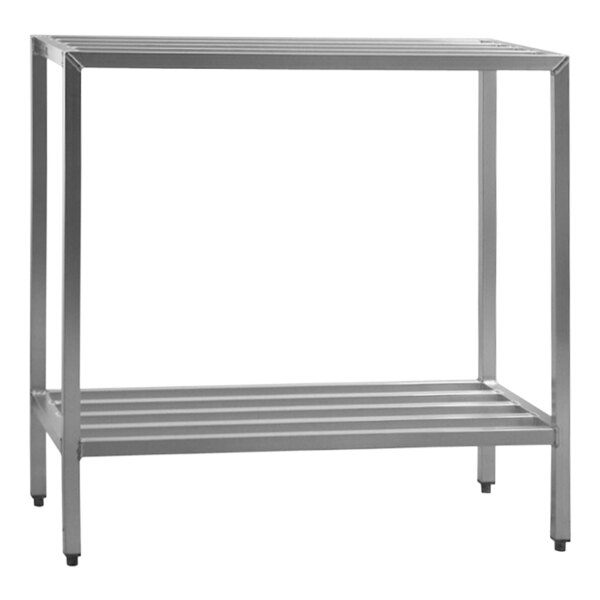 A New Age heavy-duty aluminum shelving rack with two shelves on it.