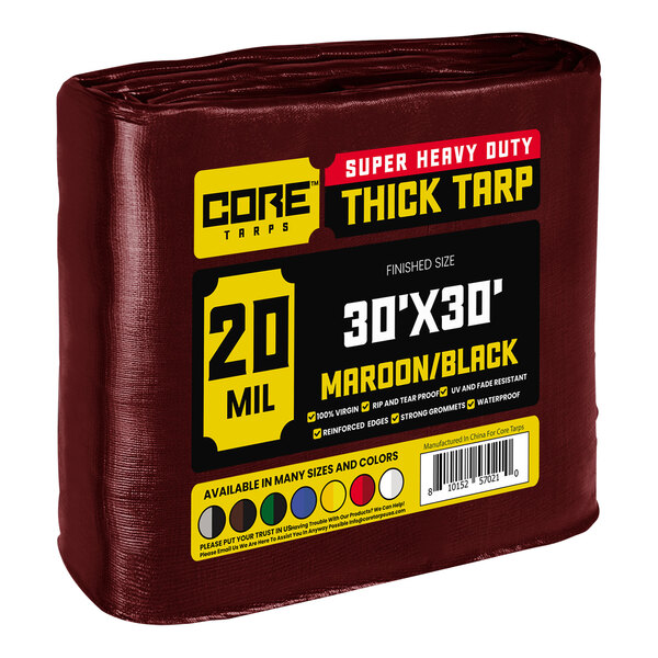 A close up of a maroon and black Core Extreme Heavy-Duty Weatherproof Poly Tarp with reinforced edges.