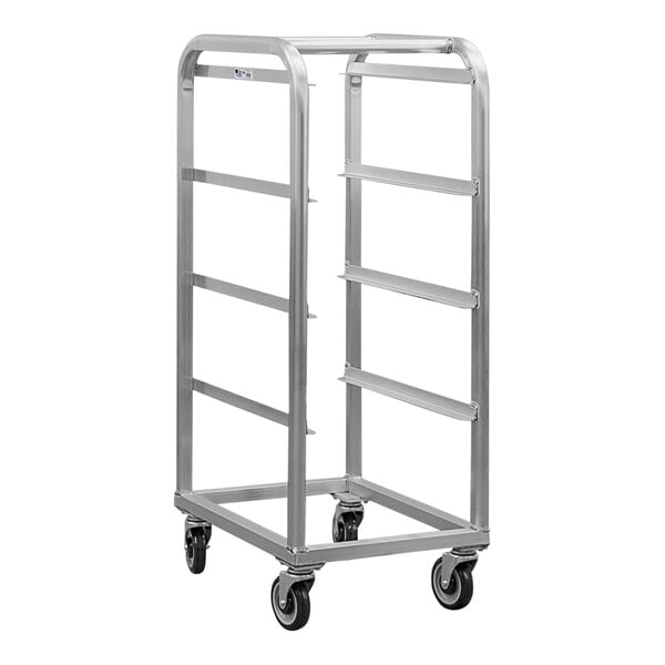 A silver metal cart with four shelves.