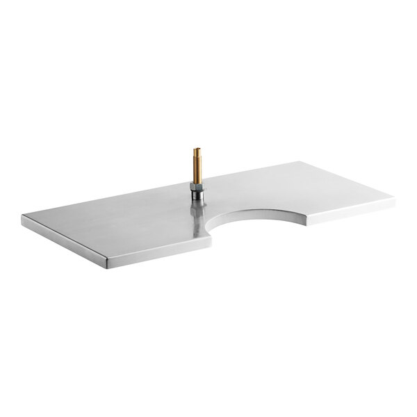 A Regency stainless steel surface mount beer drip tray with a gold finish and a cutout for a beer column.