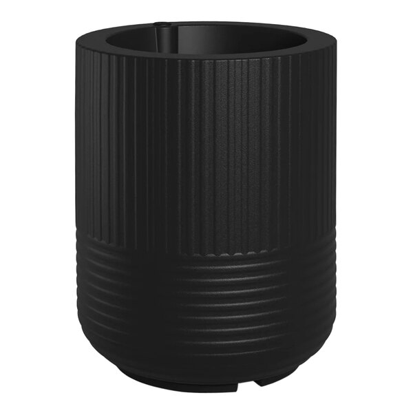 A black cylindrical Mayne Arden planter with a white background.
