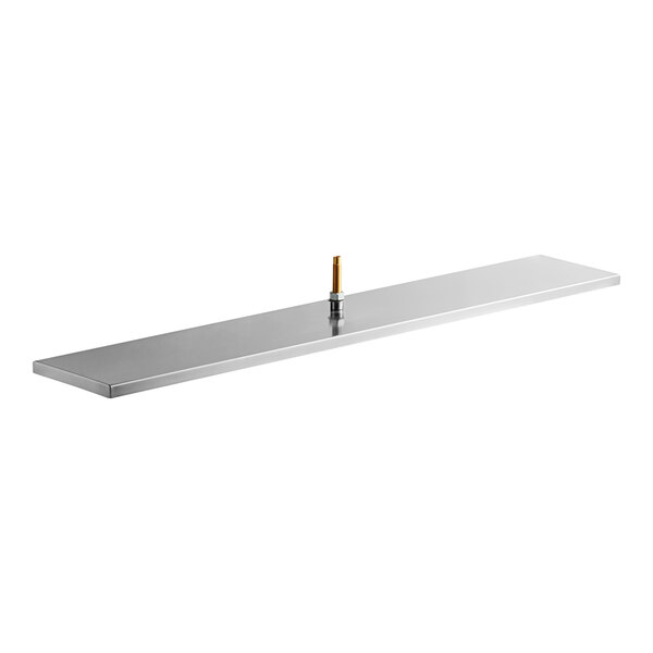 A long rectangular metal shelf with a bolt on it.