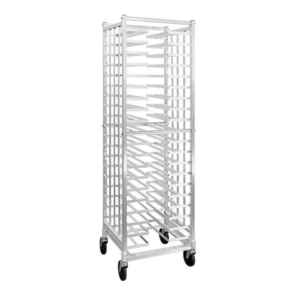 A New Age metal pizza pan rack with wheels.