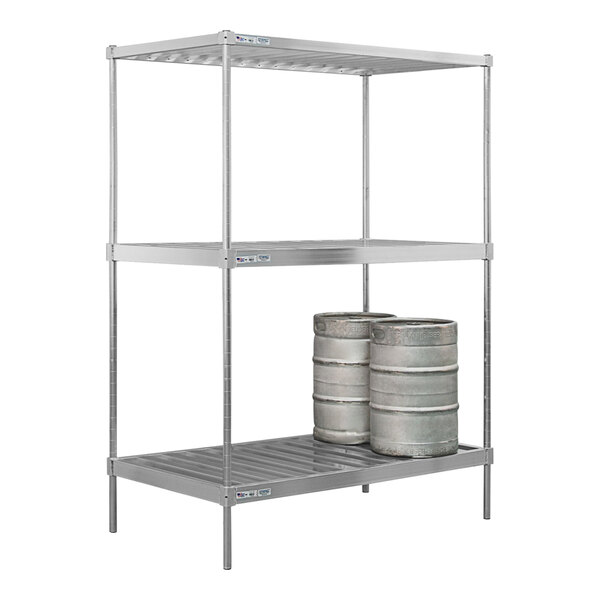A New Age metal keg rack holding two barrels.