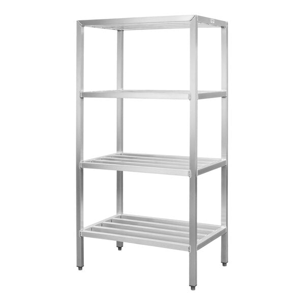 A white metal shelving rack with four shelves.