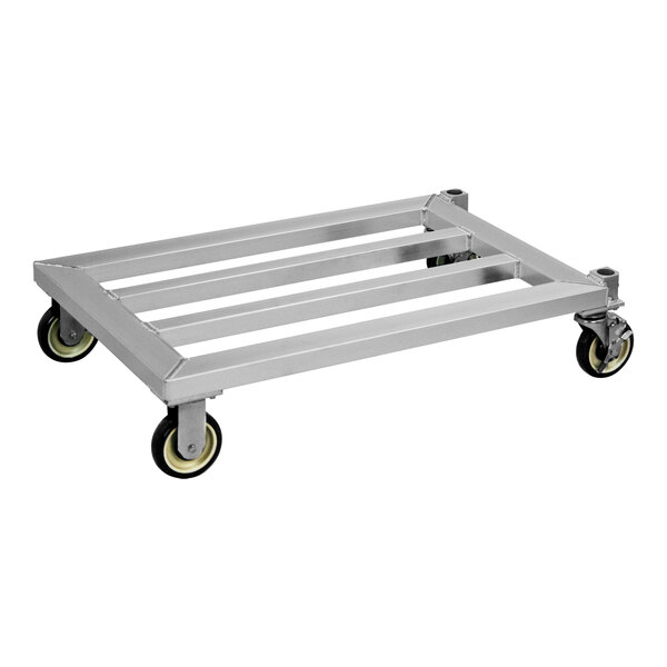 A New Age aluminum mobile dunnage rack with wheels.