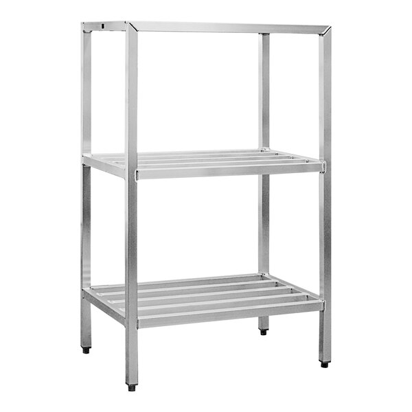 A New Age heavy-duty aluminum shelving rack with three shelves.