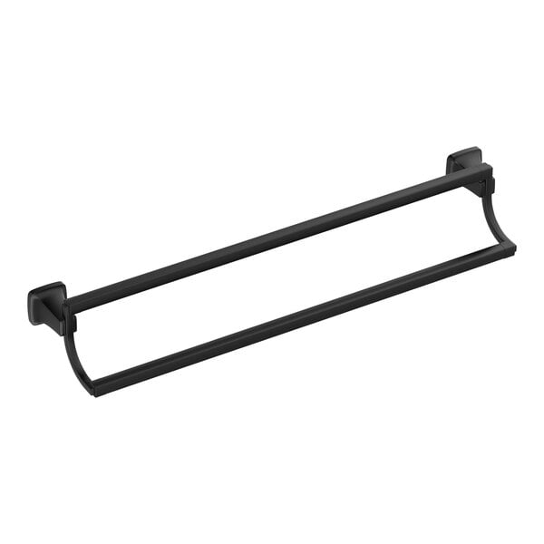 A matte black metal double towel bar with two rods.