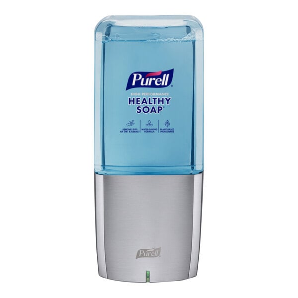 A Purell ES10 chrome automatic soap dispenser with liquid soap inside.