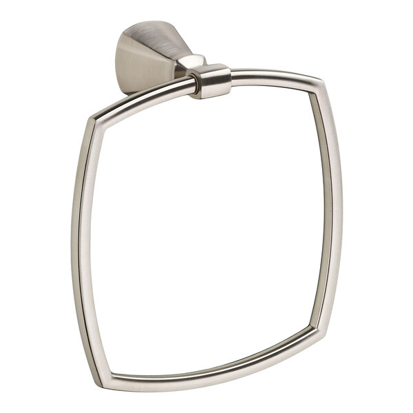 An American Standard Edgemere brushed nickel towel ring with a square shape on a white background.