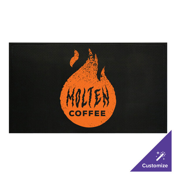 A black M+A Matting entrance mat with orange flames and the word "coffee" in orange.