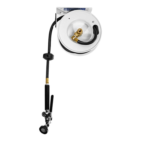 A white Fisher undercounter-mount hose reel with black hoses attached.