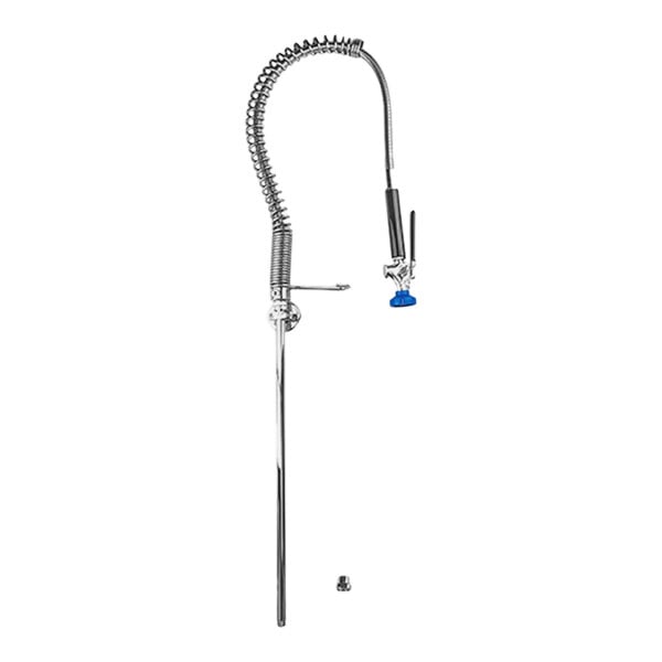 A chrome Fisher pre-rinse faucet assembly with a blue handle.