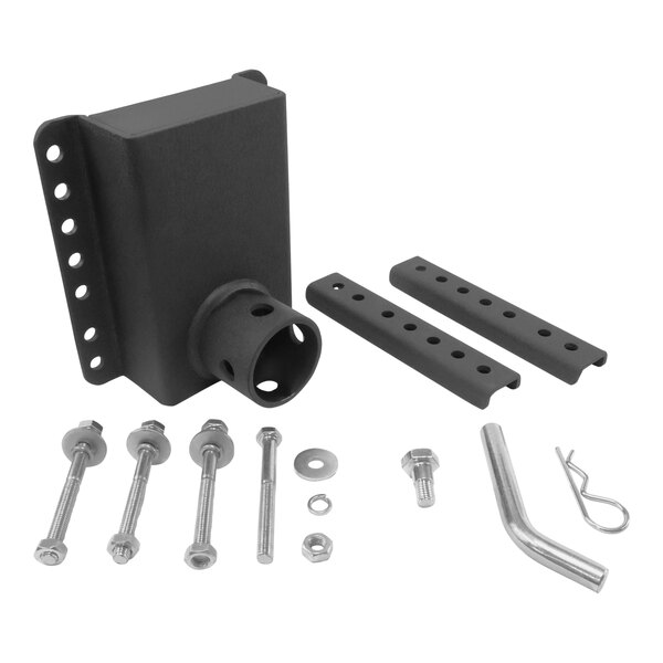 A black metal side-mount bracket with holes and screws.