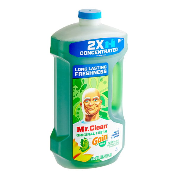 A green bottle of Mr. Clean Multi-Surface Cleaner with a green label.