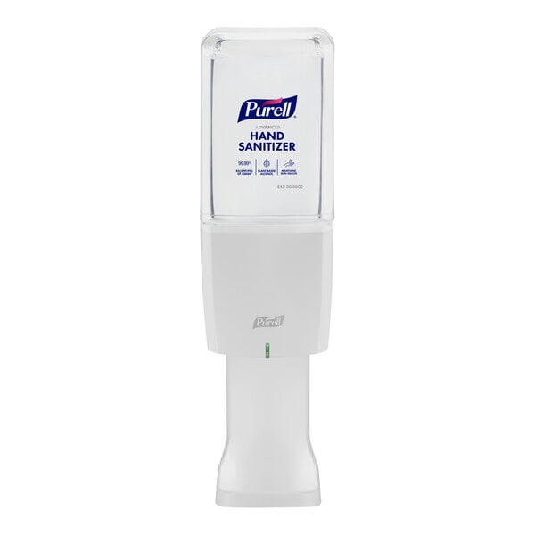 A white Purell hand sanitizer dispenser with a white lid.