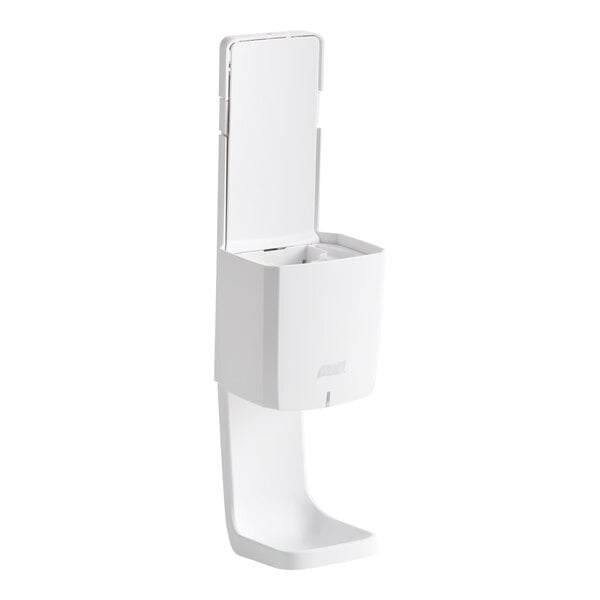 A white automatic hand sanitizer dispenser with a rectangular design and an open top lid.