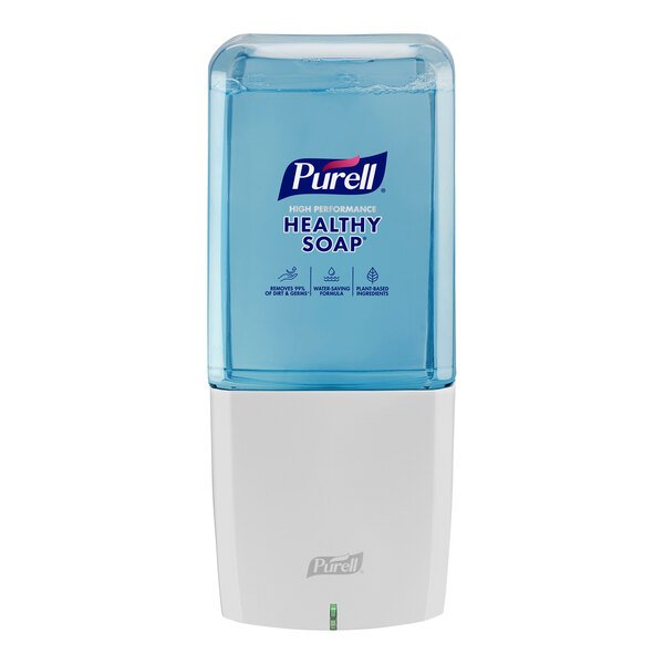 A Purell® ES10 white automatic soap dispenser filled with liquid soap.