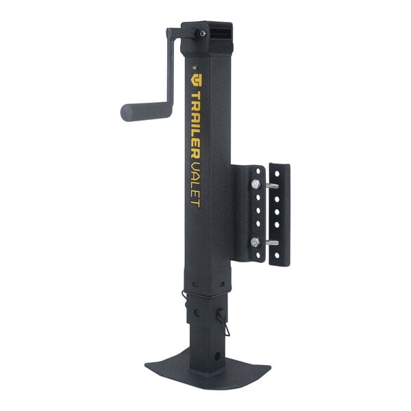 A black Trailer Valet side-mount tongue jack with a yellow handle.