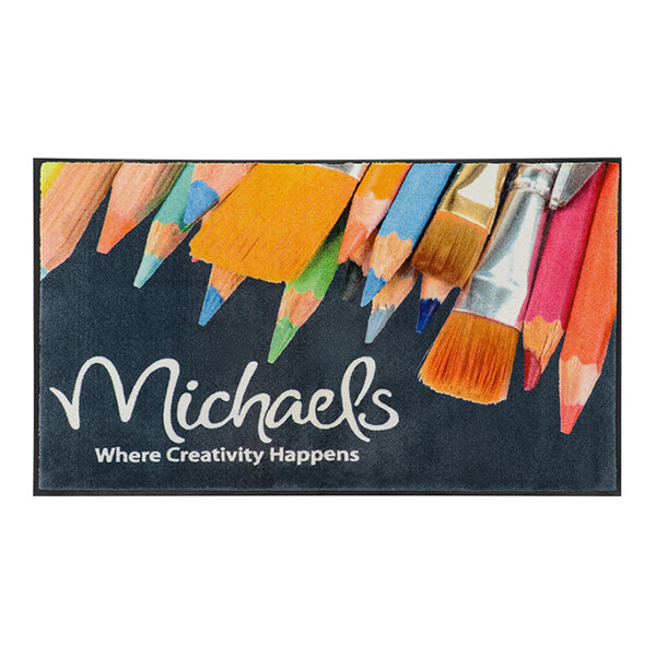 A red and pink M+A Matting ColorStar Impressions logo mat with the words "Michaels Where Creativity Happens" in blue, orange, and pink.