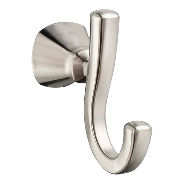 A close-up of a brushed nickel American Standard double robe hook.