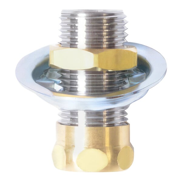 A close-up of a shiny metal Fisher stainless steel close nipple.