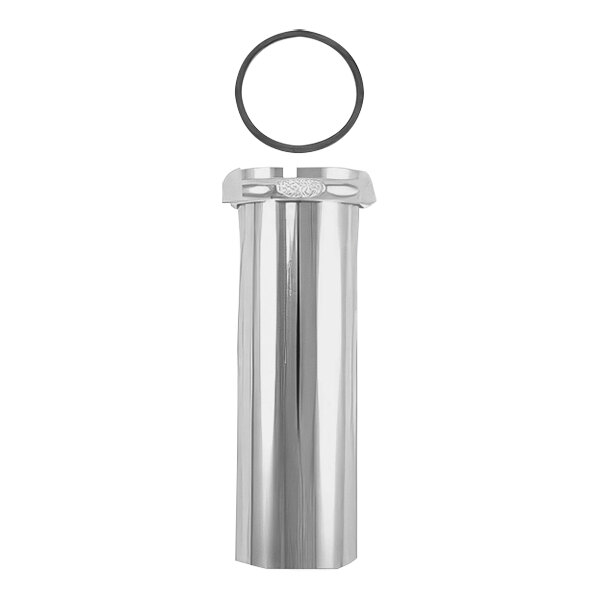 A chrome-plated silver cylinder with a black ring.