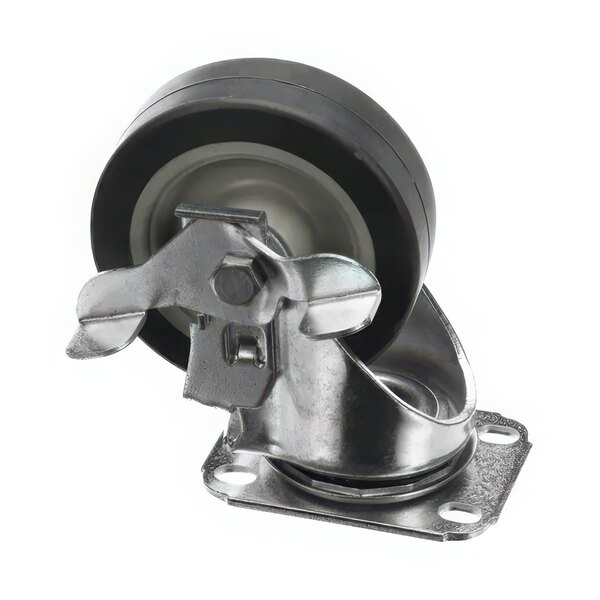 A black and chrome swivel plate caster with a black rubber tire.