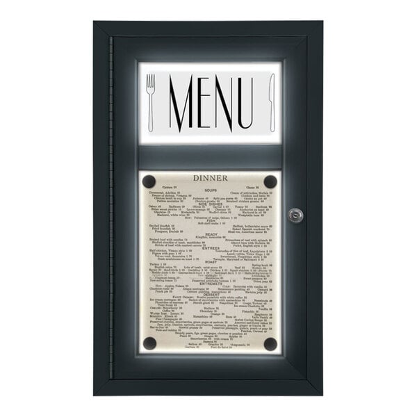 A United Visual Products black menu board with an illuminated header.