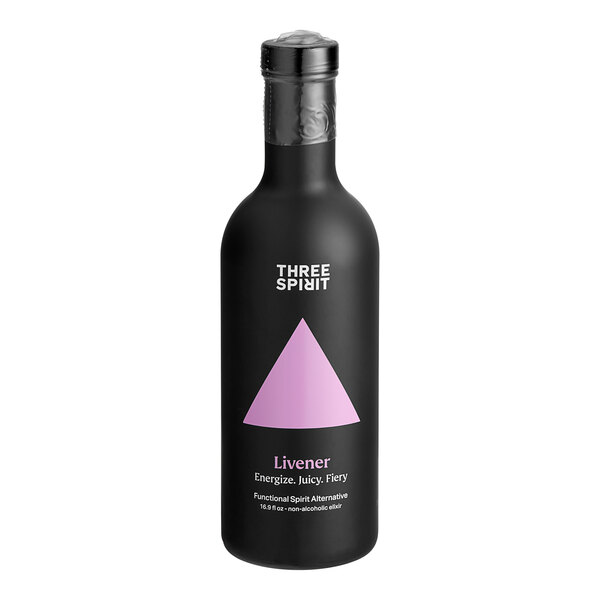 A black bottle of Three Spirit Livener with a pink triangle label.