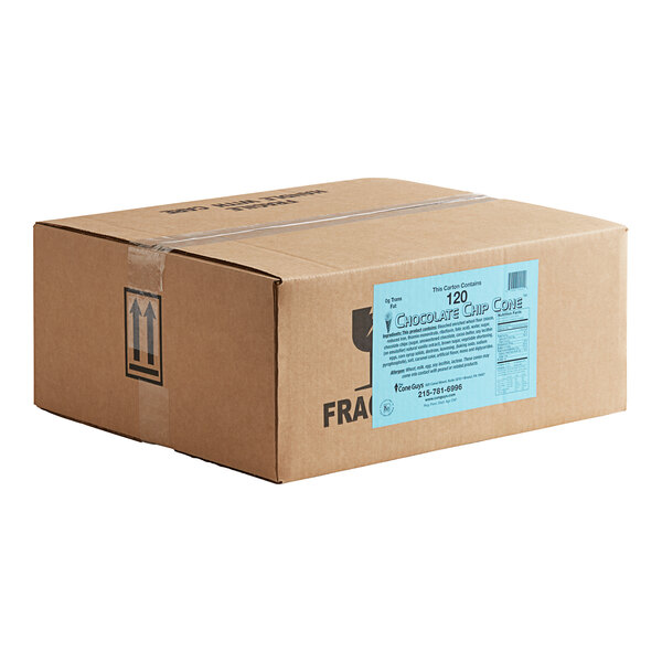 A brown box with a blue label reading "The Cone Guys Chocolate Chip Cookie Ice Cream Cone"