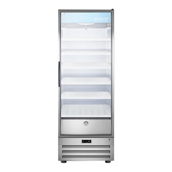 A Summit Appliance stainless steel pharmacy refrigerator with glass doors and shelves.