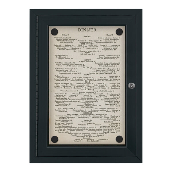 A United Visual Products black framed menu with white writing on it.