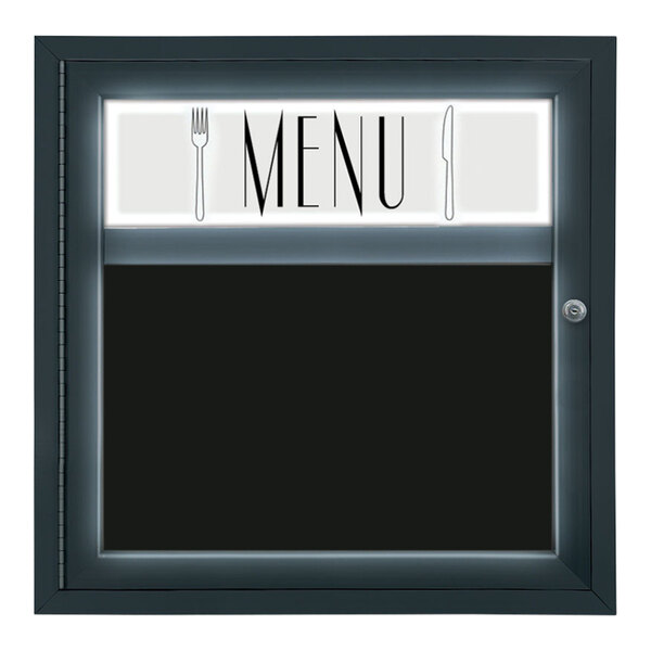 A black United Visual Products menu board with a knife and fork on it.