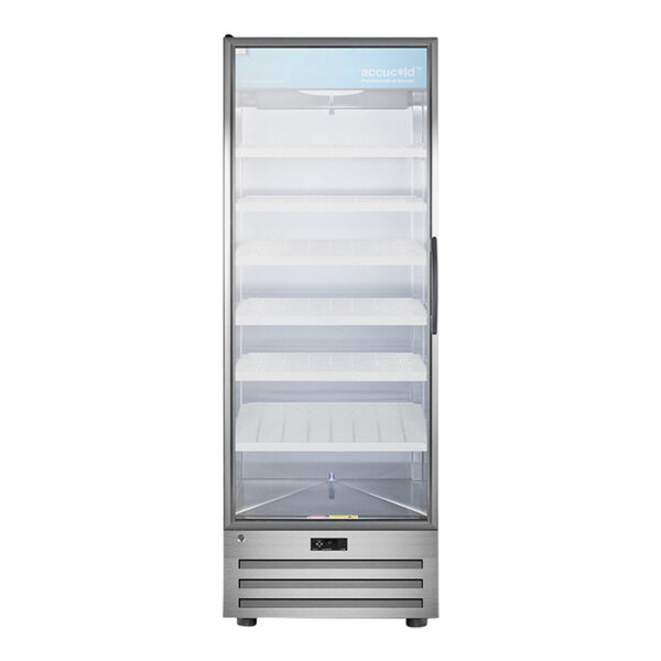 A Summit stainless steel pharmacy refrigerator with glass doors.