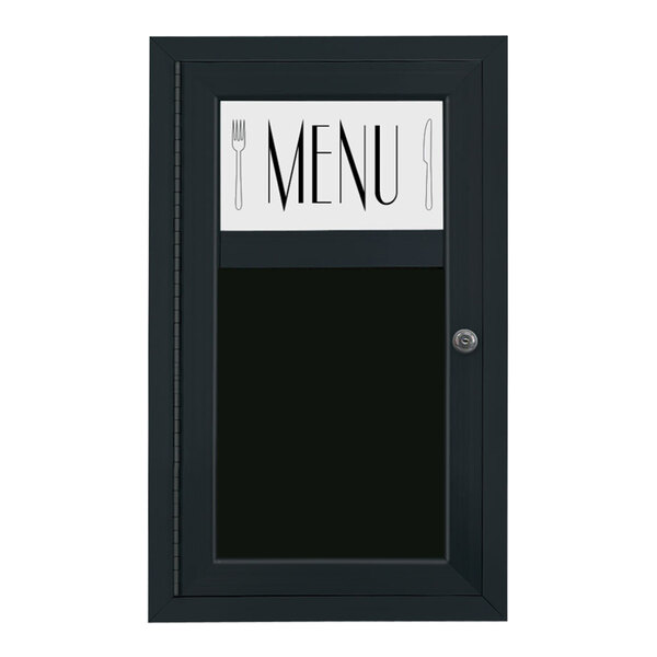 A black rectangular sign with a white door and black text.