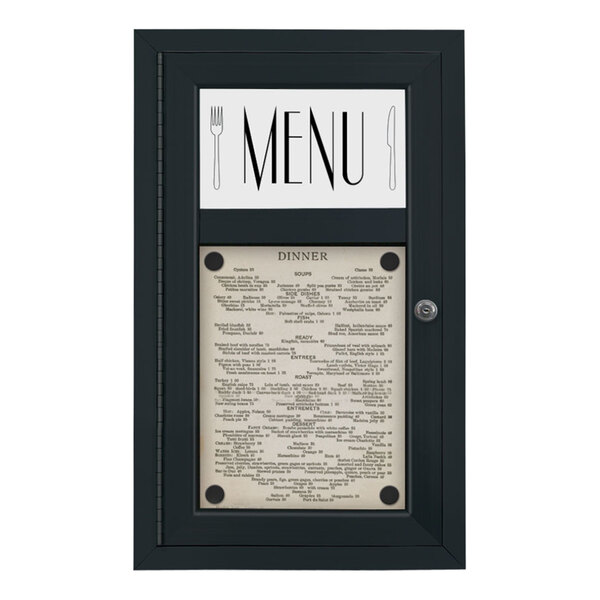 A white menu in a black frame on a menu board.