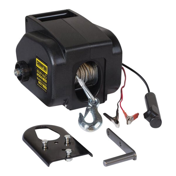 A black Champion winch with a 30' galvanized steel cable and hook.