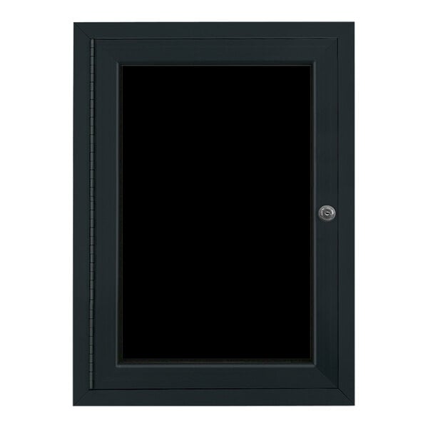 A black rectangular United Visual Products menu board with a lock on the door.