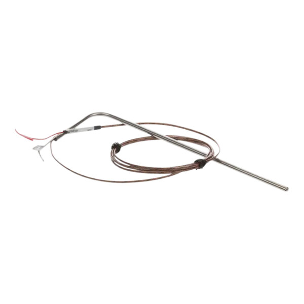 A wire with a metal rod and a brown handle with a red wire.