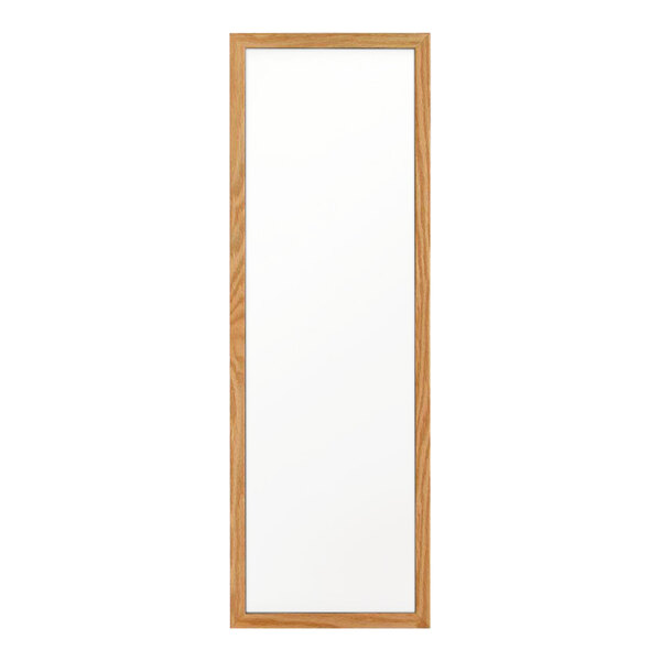 A rectangular whiteboard with a wooden frame.