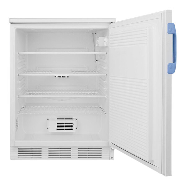 A white Summit Accucold undercounter medical refrigerator with blue doors.