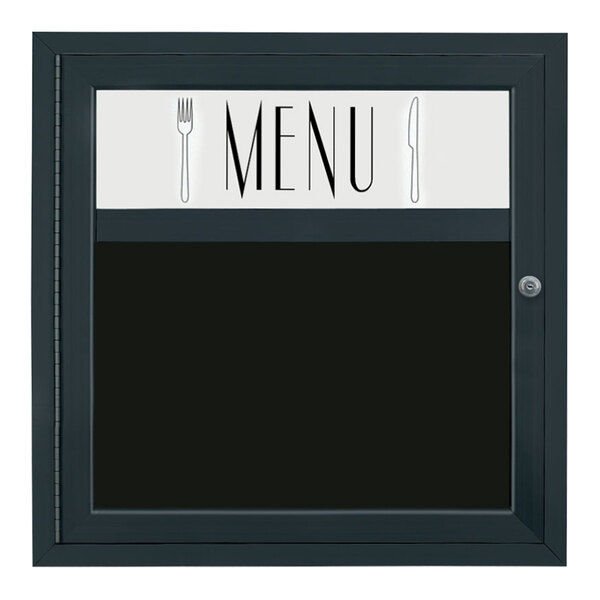 A black United Visual Products menu board with a header and white text on it.